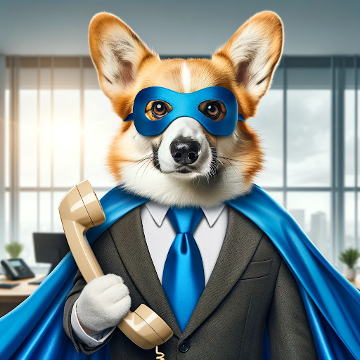 office superhero mascot - tan corgi in dark suit with blue tie, blue mask and blue cape